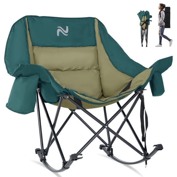 MOPHOTO Green Oversized Rocking Camping Chair Support 400 lbs, Full Padded Patio Chair with Cup Holder, Side Pocket and Carry Bag, Portable Foldable Outdoor Rocker Chair for Camping, Backyard