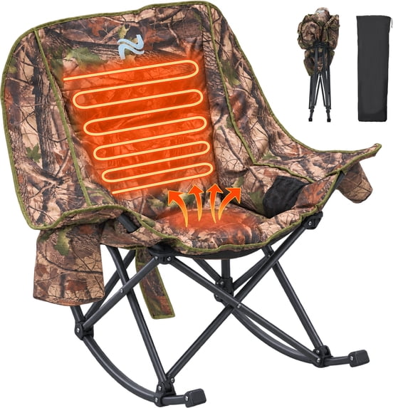 MOPHOTO Oversized Heated Rocking Camping Chair Support 330 lbs,Portable 3 Adjustable Heating Levels,Folding Quick Setup,Compact Storage,Lawn Chair with Side Pockets for Outdoor(Heated)