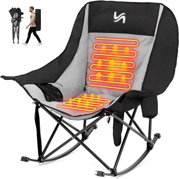 MOPHOTO Oversized Heated Rocking Camping Chair Support 500 lbs,Portable 3 Adjustable Heating Levels,Folding Quick Setup,Compact Storage,Lawn Chair with Side Pockets for Outdoor(Heated)