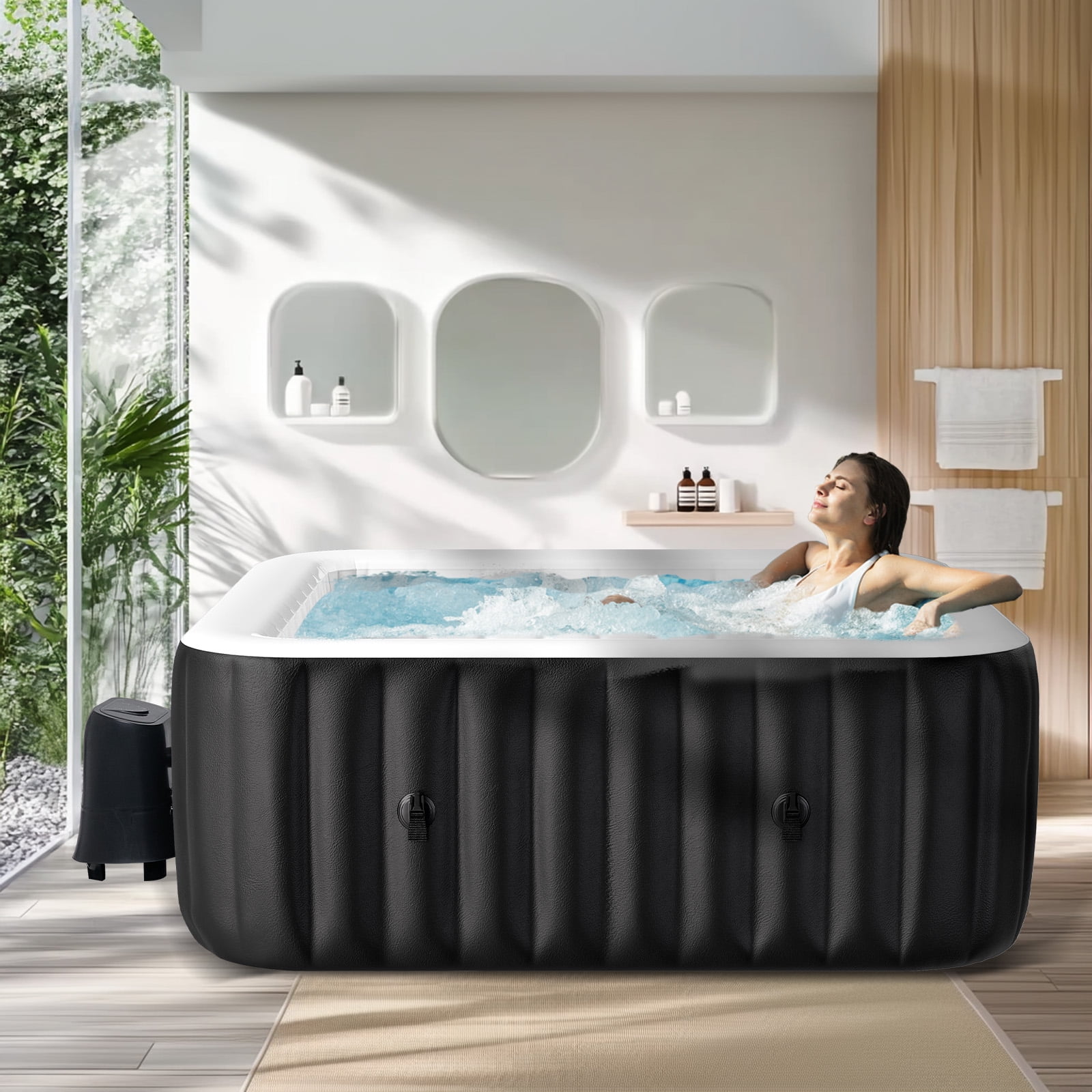 MOPHOTO 73” X 73”X 25” 4-6 Person Inflatable Hot Tub, Large Square Blow Up Portable Hot Tub, Leak-Proof PVC Outdoor Spa with 130 Air Jets, Insulated Cover and Heater Pump