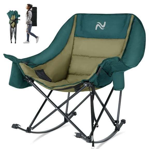 MOPHOTO Oversized Rocking Camping Chair, Full Padded Patio Chair Support 400 lbs, Portable Foldable Outdoor Rocker Chair with Cup Holder, Side Pocket and Carry Bag for Camping, Backyard, Green