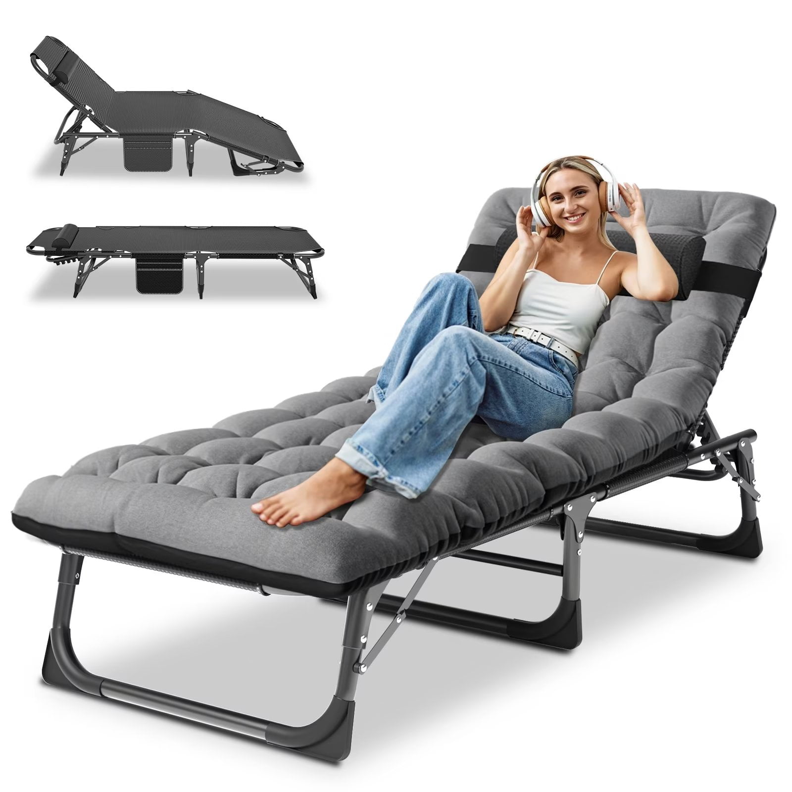 Fishing Camping Anglers Chair: Portable Reclining Bedchair with Pillow,  Outdoor Fishing Sleeping Cot Travel Office with Side Pocket and Adjustable