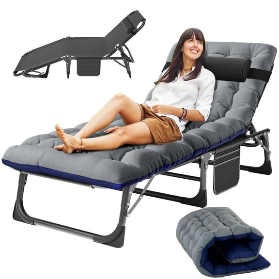 MOPHOTO Portable Folding Lounge Chair Outdoor, Adjustable Adults Patio Chaise Lounges with Pillow & Cushion, Folding Camping Cot, Patio Lounge Chairs for Pool, Beach, Patio
