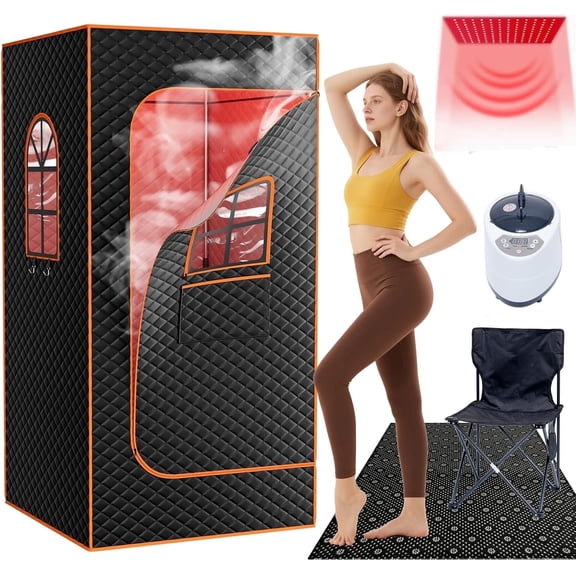 MOPHOTO 71''x35.4''x35.4''Infrared Sauna for Home,Upgraded Steam Sauna Box with 3L&1200W Steamer,144 LEDs,Folding Chair for Relaxation Spa Home Sauna,9 Levels Heating