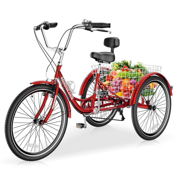MOPHOTO Red Adult Tricycle 7 Speed, 3 Wheel Bike Adult, 24/26 inch Wheels Cruiser Bikes with Cargo Basket for Seniors, Women, Men