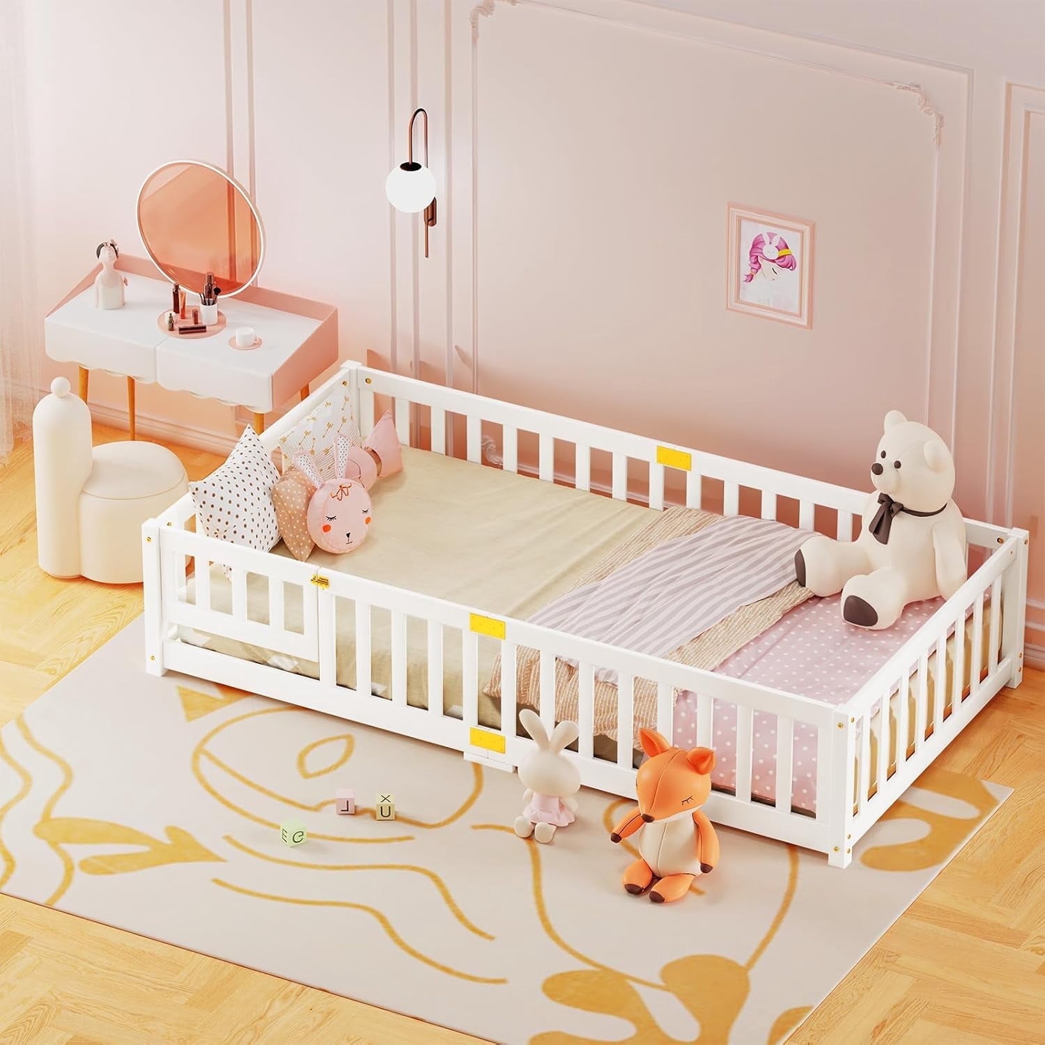 MOPHOTO Toddler Floor Bed,Montessori Floor Frame with Rails & Lockable Door,Twin Kid Beds for Toddlers 1-3 Years Old(White)