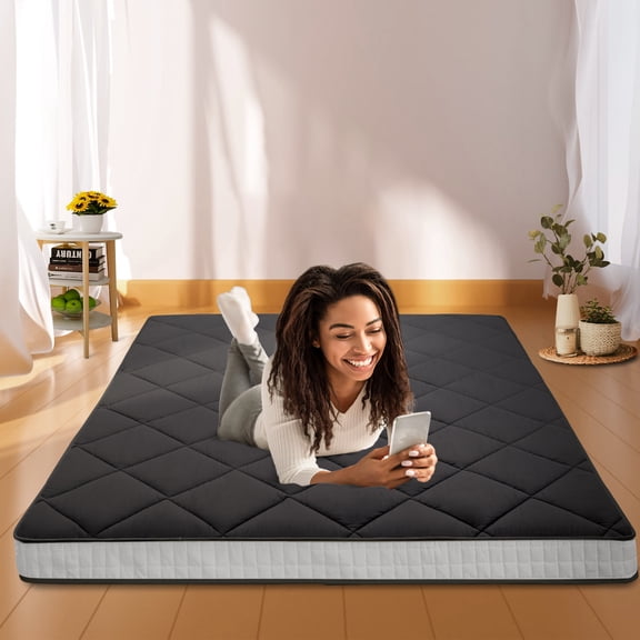 MOPHOTO Queen Mattress, Extra Thick Floor Mattress, Japanese Futon Mattress, Folding Memory Foam Mattress, Black Foldable Mattress with Storage Bag