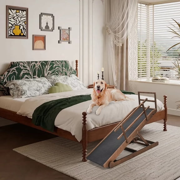 MOPHOTO Wood Dog Ramp, Non-slip Rubber Mat High Traction Ramp, 5 Level Adjustable Folding Pet Ramp for High Bed, Great for Small & Old Dogs & Cat, Supports up to 200 lbs, 55"L x 18"W