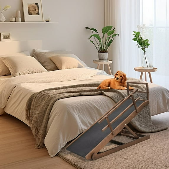 MOPHOTO Wood Dog Ramp, Non-slip Rubber Mat High Traction Ramp,5 Level Adjustable Folding Pet Ramp for Middle Bed, Couch,Great for Small & Large Old Dogs & Cats,Supports up to 200 lbs, 45"L x 18"W