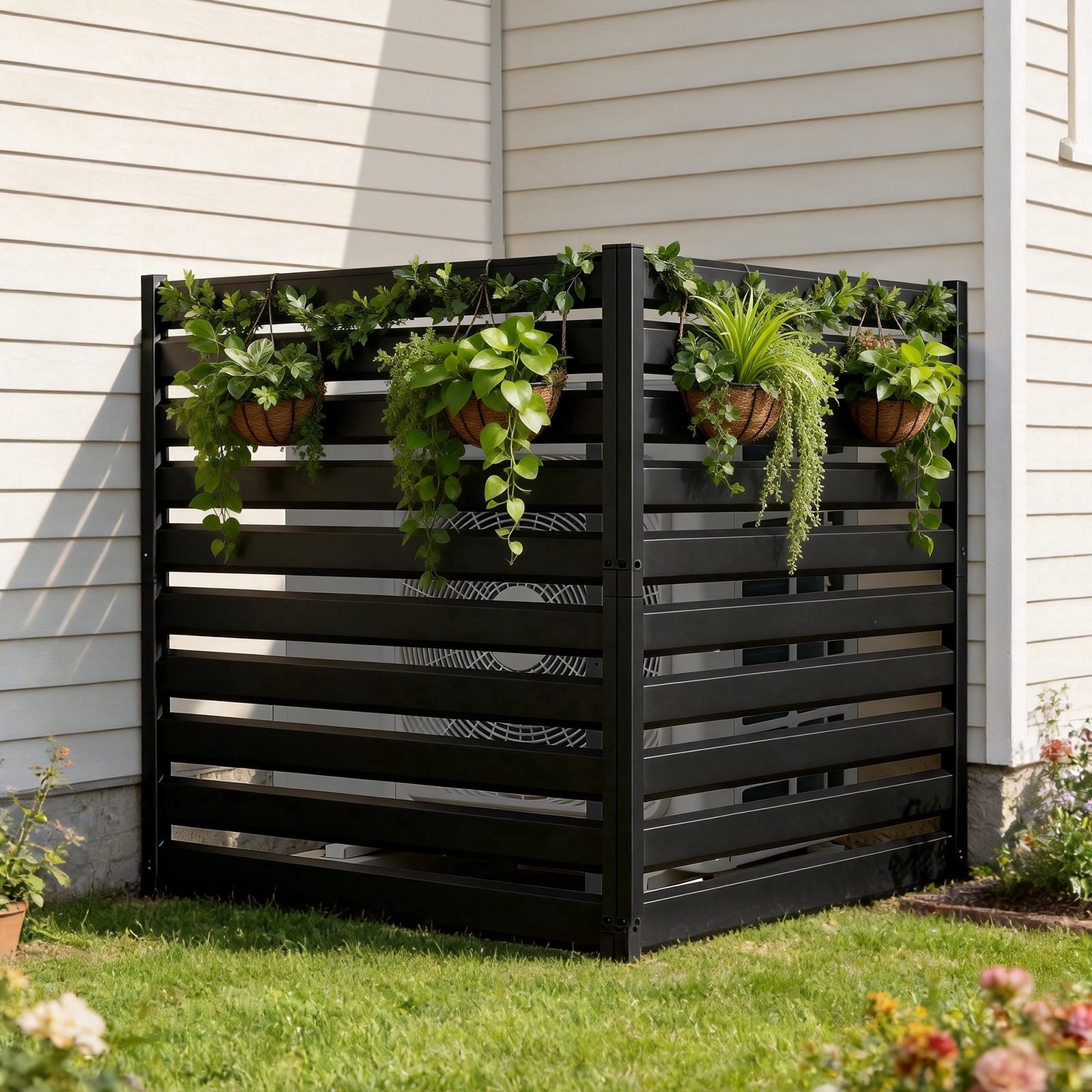 MOPHOTO Heavy Duty Iron Privacy Fence 1 Panel, 38" H x 42" W Freestanding Outdoor Enclosure for Air Conditioner & Trash Can, Decorative Metal Garden Fencing with No-Dig Kit, Black Rust-Proof Iron