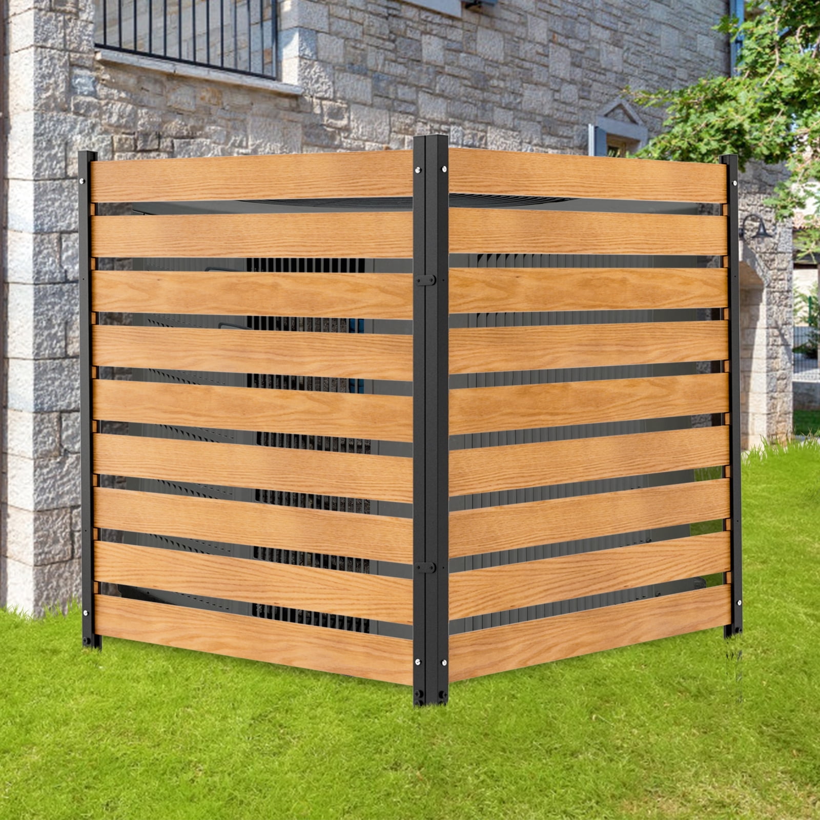 MOPHOTO Wood Fence Panels 48" W x 48" H Outdoor Fence Privacy Screen, Air Conditioner Fence Trash Can Fence Pool Equipment Enclosure Fence, Fence Panels for Outside with Metal Stakes, 2 Panels