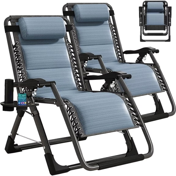 MOPHOTO Zero Gravity Chair Foldable Reclining Lounge Chair with Headrest & Cup Holder for Indoor Outdoor, Patio Recliner Folding Reclining Chair Support 440lbs, for Beach Poolside Backyard, 2 Pack