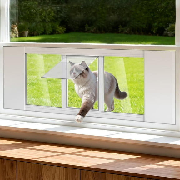 MOPHOTO Aluminum Cat Door for window,Adjustable Width of 23"-34" ,Quick Installation Pet Doors with Frame,Tight Seal,Safety, Weatherproof, HD Glass Perfect for Cats