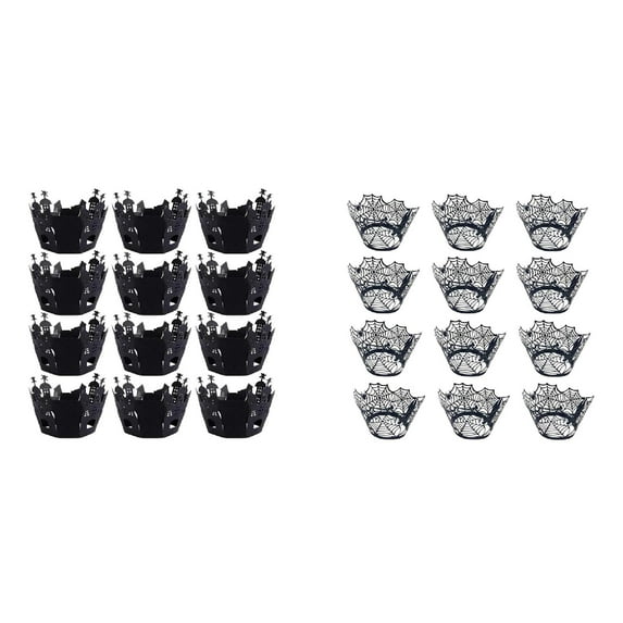 MOPOOR 12 PCS Halloween Spider Web Witch Castle Pattern Hollow Paper Cup DIY Cake Decor,Halloween Cupcake Wrappers,Spider Web Cupcake Wrapper,Halloween Party Decorations Supplies