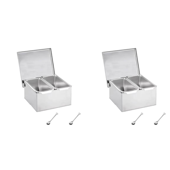 MOPOOR 2 Compartment Trays Stainless Detachable Topping Station with Lid Pizza Ingredients Condiment Dispenser Reusable Ice Cooled Condiment Seasoning Container