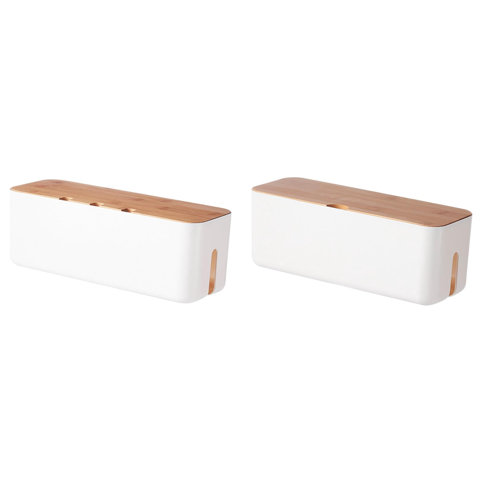 MOPOOR 2PCS White Cable Management Box with Wood Lid Desk TV Wood Lid Computer USB Hub Cable Organizer Box To Cover and Hide Power Strips Wires for Home Office