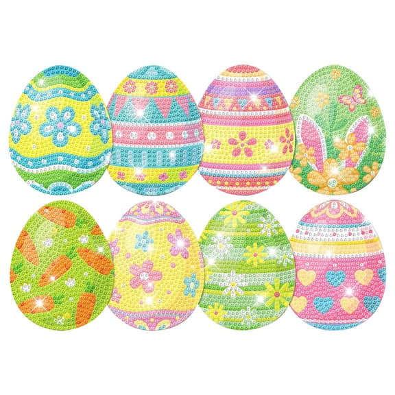 MOPOOR 8 PCS Easter Art Painting Kits with Holder DIY Easter Art for Easter Egg Cute Coasters, Spring Mini Paint by Numbers Kits Round Oil Painting Drink Coaster for Small DIY Craft Birthday Gift