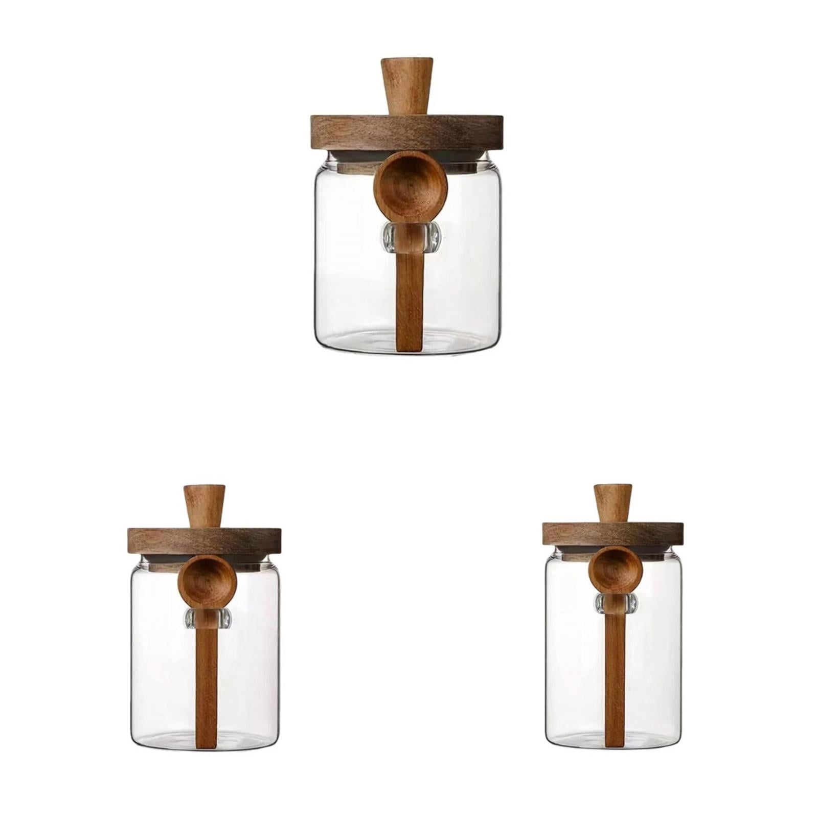 MOPOOR Airtight Glass Food Storage Jars, Clear Glass Food Storage Container with Sealing Wooden Lid, Stackable Spice Jar, Round Kitchen Canister for Sugar, Tea, Coffee bean, Pasta, Oat