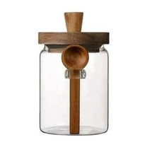 MOPOOR Airtight Glass Food Storage Jars, Clear Glass Food Storage Container with Sealing Wooden Lid, Stackable Spice Jar, Round Kitchen Canister for Sugar, Tea, Coffee bean, Pasta, Oat