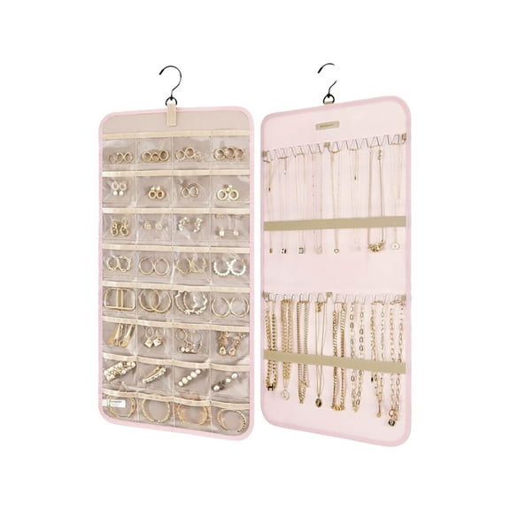 MOPOOR Hanging Jewelry Organizer Storage Roll with Hanger Metal Hooks Double-Sided Jewelry Holder for Earrings, Necklaces, Rings on Closet, Wall, Door, 1 piece, Large