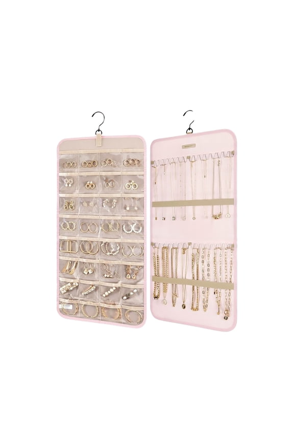 Hanging Jewelry Organizer Storage Roll with Hanger Metal Hooks Double-Sided Jewelry Holder for Earrings, Necklaces, Rings on Closet, Wall, Door, 1 piece, Large