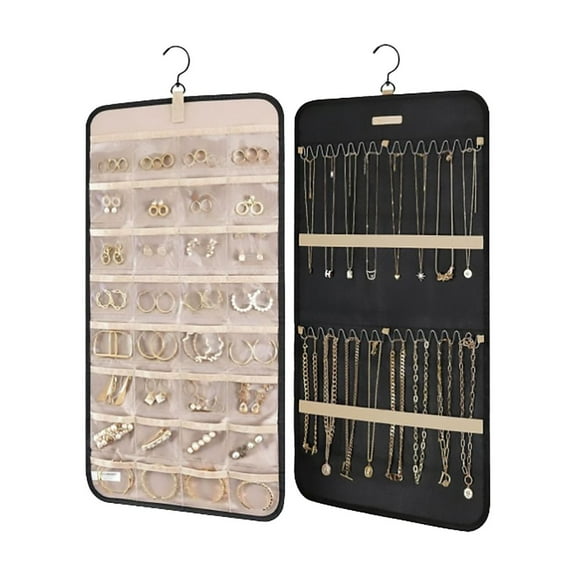 MOPOOR Hanging Jewelry Organizer Storage Roll with Hanger Metal Hooks Double-Sided Jewelry Holder for Earrings, Necklaces, Rings on Closet, Wall, Door, 1 piece, Large