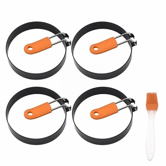 MOPOOR Large Egg Rings Set for Griddle 4 Packs Non Stick Stainless Round Egg Ring for Frying Egg Pancake Ring Omelette Ring for Muffin with Oil Brush Egg Separator