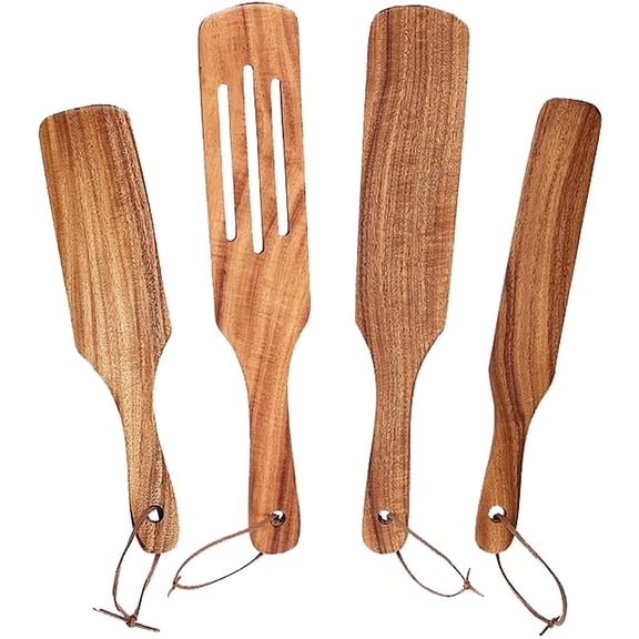 MOPOOR Teak Wood Spurtle Set Pack Of 4 Wooden Utensils Four Different Types and Sizes. Hangable Teak Wood Spurtles,Turner, Slotted Spurtle and Wood Scraper - Long Ergonomic Handles