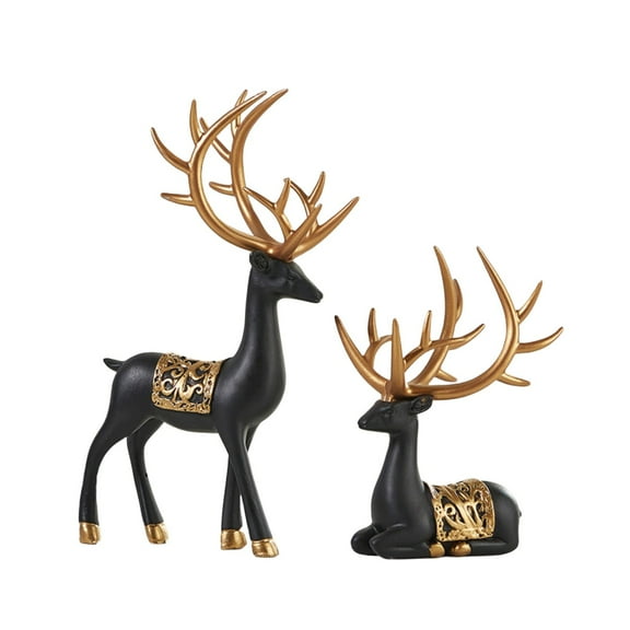 MOQIN 2Pcs Christmas Reindeer Figurines, Resin Elk Sculpture Miniature Figurine Xmas Deer Statue Artificial Animal Crafts Home Decoration Ornament (Black,Gold)
