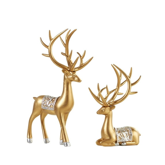MOQIN 2Pcs Christmas Reindeer Figurines, Resin Elk Sculpture Miniature Figurine Xmas Deer Statue Artificial Animal Crafts Home Decoration Ornament (Black,Gold)
