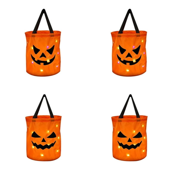 MOQIN 4 Pcs LED Light Halloween Bucket Trick or Treat Bags Light up Halloween Party Favor Bags with Pumpkin Smile Face Light up Candy Bags Reusable Goody Bucket for Kids