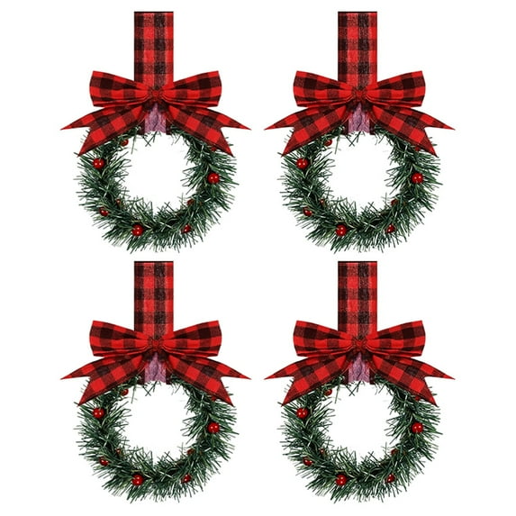 MOQIN 4PCS Christmas Cabinet Knob Wreaths Decorative Set - Mini Ribbon Bows with Berries and Pine for Drawer Door, Festive Holiday Home Kitchen Bathroom Decor
