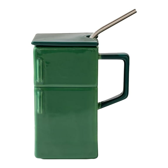 MOQIN Ceramic Mug Porcelain Latte Tea Cup Coffee Mug with Lid and Straw, Porcelain Tall Tea Cup with Handle for Home & Office, Vintage Refrigerator Shaped,550ml Capacity,Yellow,Green