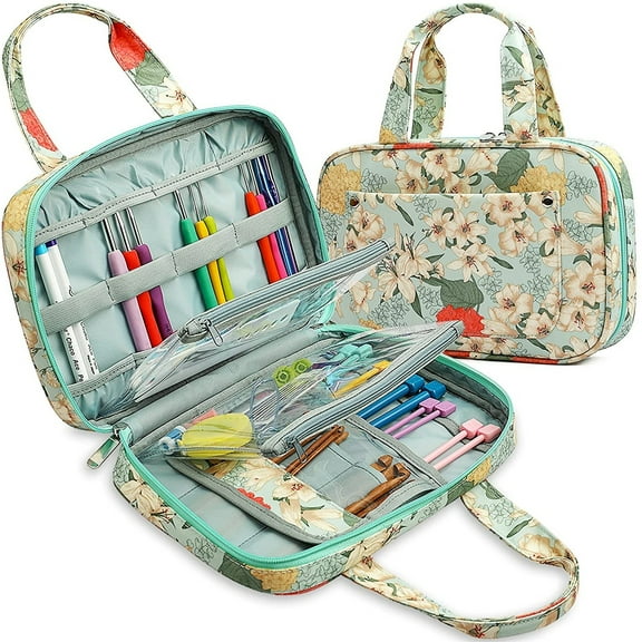 MOQIN Crochet Hook Case Large Knitting Needle Bag with Handle, Portable Travel Storage Cases Organizer Knitting Needles Case with Slots, Crochet Hooks Slots and Transparent Zipper Pockets