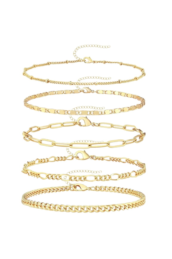 MOQIN Gold Plated Layered Bracelets For Women, 5Pcs Gold Chain Bracelets Trendy,Stackable Gold Bracelet Set,Hypoallergenic,Bracelets Stack Cuban, Paperclip,Rope,Snake,Hand Chain for Stylish Women