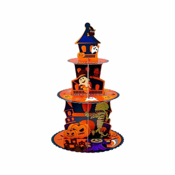 MOQIN Halloween Cupcake Stand Decorations, 3-Tier Halloween Cupcake Stand - Rustic Wooden Cake Holder for Dessert Table,Birthday Party Decor, Themed Display Tower with Bat & Pumpkin Motifs