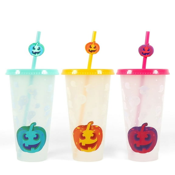 MOQIN Halloween Pumpkin Color Changing Cup Set, 3 PCS Wide Mouth Drinking Jars, Drinking Glasses with Lids and Straws, Iced Coffee Cups, Resuable Tumbler for Juice,Smoothie,Gift