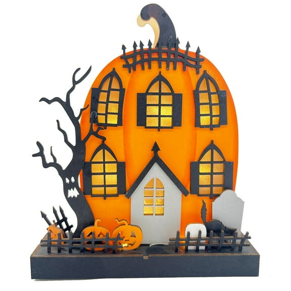 MOQIN Halloween Tabletop Decoration, Wooden Haunted House with Ghost Pumpkin Man Skeleton and Witch Pieces, Holiday Sign for Indoor Fireplace Desk Kitchen Ornament