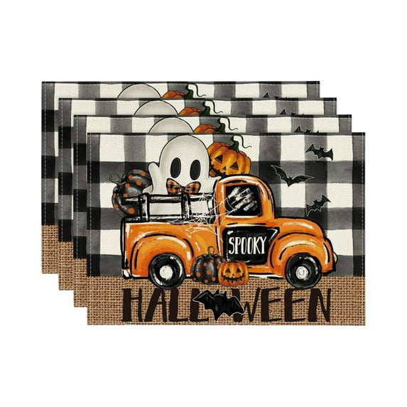 MOQIN Plaid Bat Truck Halloween Placemats Set Of 4 Seasonal Table Mats for Party Kitchen Dining Decoration Outdoor Dining Table Set for 4 round