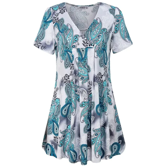 MOQIVGI Short Sleeve Womens Tops Casual Summer Trendy Dressy Flowy V Neck Paisley Blouses White XX-Large