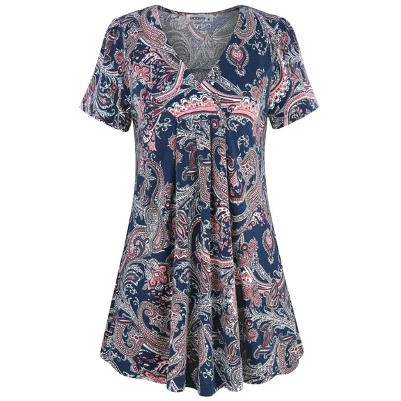 MOQIVGI Womens Summer Tops Dressy Casual Trendy 2024 Short Sleeve V Neck Paisley Blouses Blue X-Large