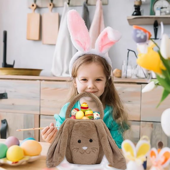 MOQLOM Easter Bunny Basket, 1pc Plush Easter Egg Hunting Baskets with Long Ear, Easter Bucket Bags for Kids Gift Candy Easter Decoration, 7.8 × 7.8Inch (Brown-7.8in)