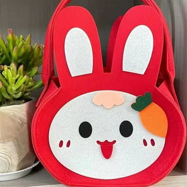 MOQLOM Easter Bunny Basket Bag, 1pc Happy Easter Egg Hunt Bags, Rabbit Candy Bags, Easter Treat Tote Spring Party Favor Container, 13 × 8.7Inch (Red)