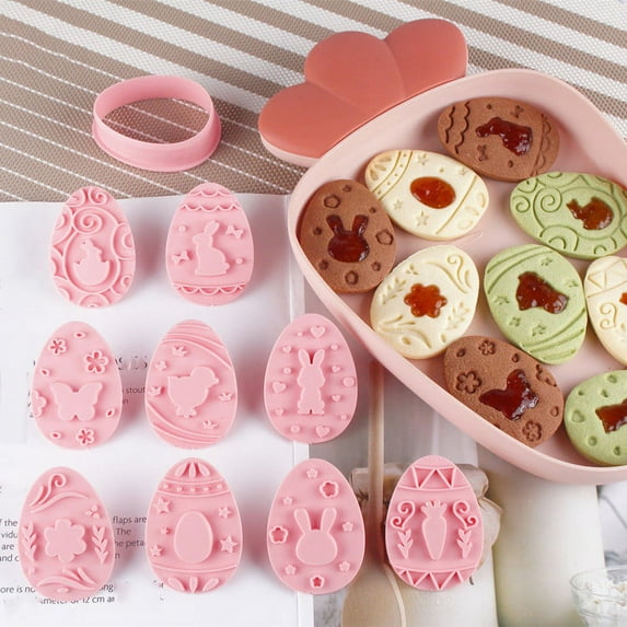 MOQLOM Easter Cookie Cutter Set, 9pcs Cookie Mould Press, Easter Eggs Cookie Cutter Set With Plunger Stamps Set, Plastic Cookie Stamps, Kitchen Tools, 1.7 × 2.4Inch