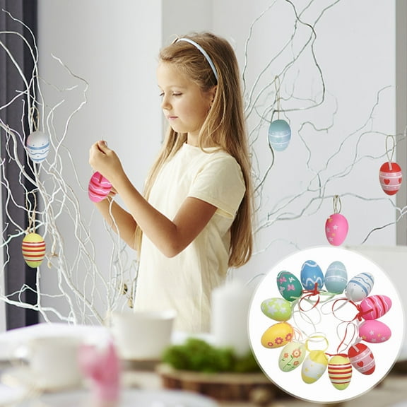 MOQLOM Easter Decorations Egg Hanging Ornaments, 12pcs Colored Eggs Easter Tree Ornaments Decor with Lanyard for Kids School Home Office Decor, 2.36×1.57In (F)