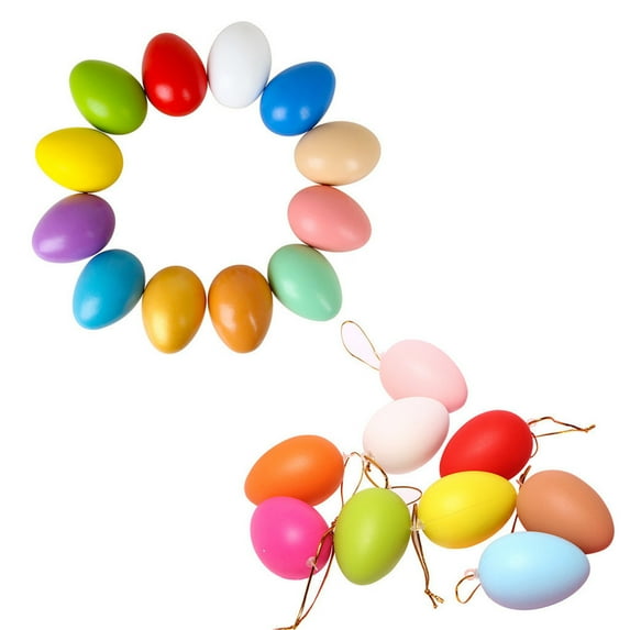 MOQLOM Easter Eggs Ornaments with Hanging Strings, 12Pcs 2.36In Assorted Colors Plastic Easter Eggs, Easter Tree Hanging Decorations Basket Stuffers for Easter Party and Egg Hunt Activity