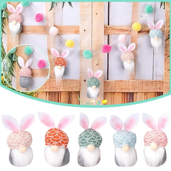 MOQLOM Easter Ornaments for Tree Set DIY Decoration, 5pcs 2.4in Easter Gnomes Pompoms Hemp Rope for Spring Easter Party Door Yard Window Home Decor