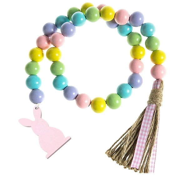 MOQLOM Easter Wood Beads Garland, 1pc Rustic Farmhouse Bead Garland Beaded Tiered Tray Decor, Prayer Bead Wall Hanging Decor with Bunny Egg Tag, Linen Tassels, 28.3in