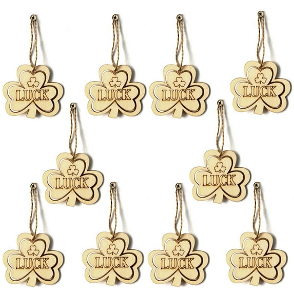 MOQLOM St. Patrick's Day Shamrock Wooden Ornaments, 10pcs Unfinished Wood Clover Cutouts with Ropes for St. Patrick's Party Tree Table Decorations (A)