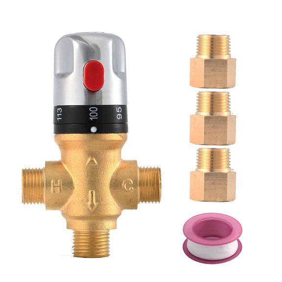 MORADO Thermostatic Mixing Valve, Shower Water Mixing Valve, With 1/2G to 1/2 NPT Connection Adaptors, Water Temperature Control Valve,Fahrenheit Scale Mark, Solid Brass (Golden)